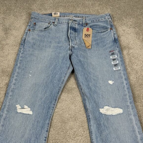 Levi's 501 Jeans Mens 33x32 Blue Denim Straight Leg Button Fly Stretch Distress - Picture 2 of 7
